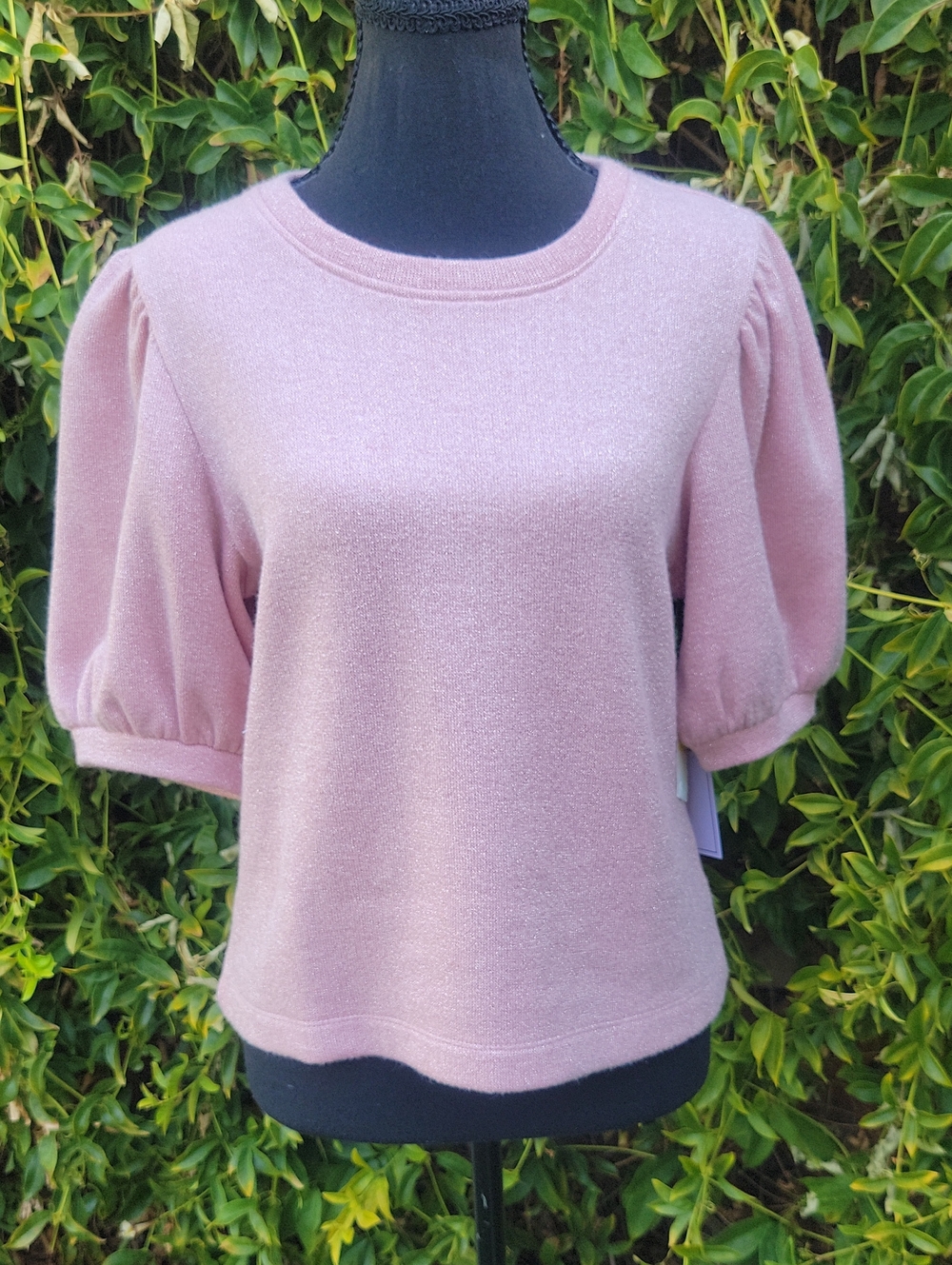 1. State Pink Puff Short Sleeve Sweater Top With Silver Metallic Weave M